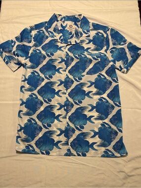 Blue Fish-Print Short-Sleeve Button-Down Shirt
